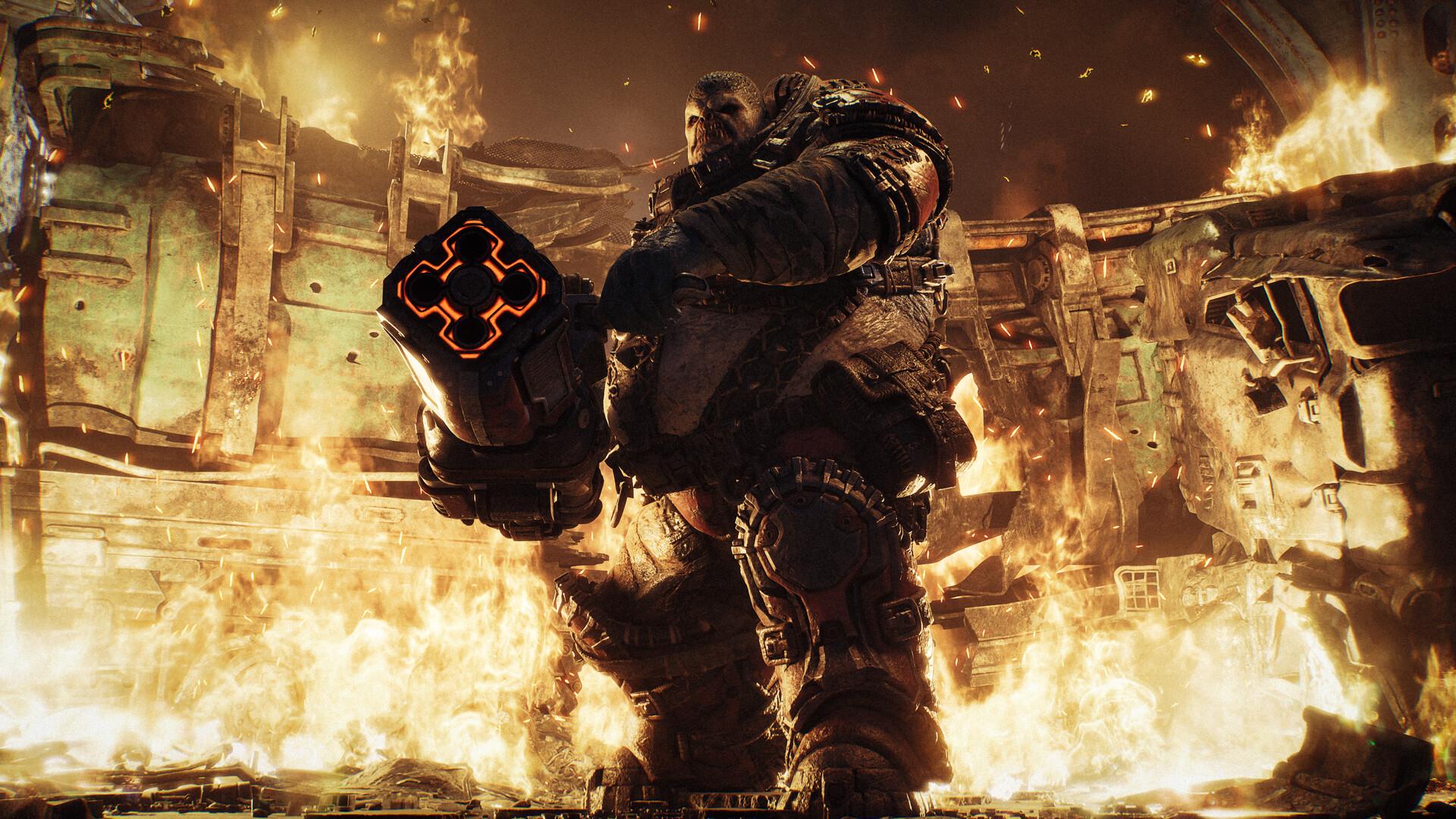 An armored combatant amid flames and debris