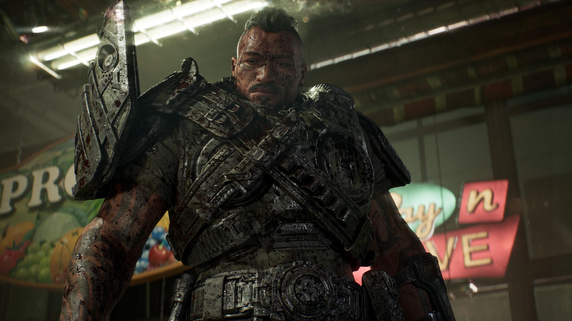 An armored soldier inside a damaged shop