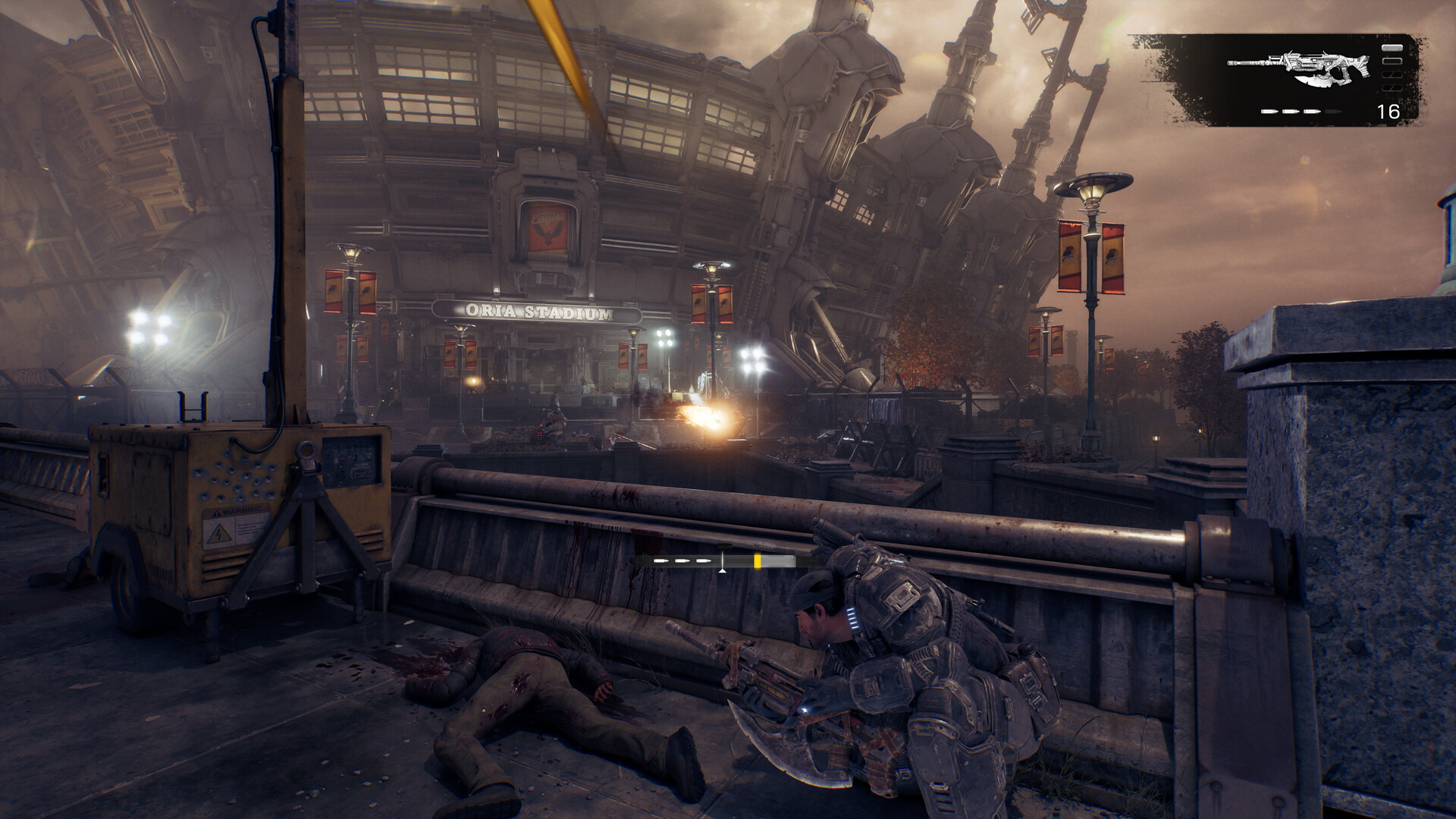 A soldier advancing through a damaged street