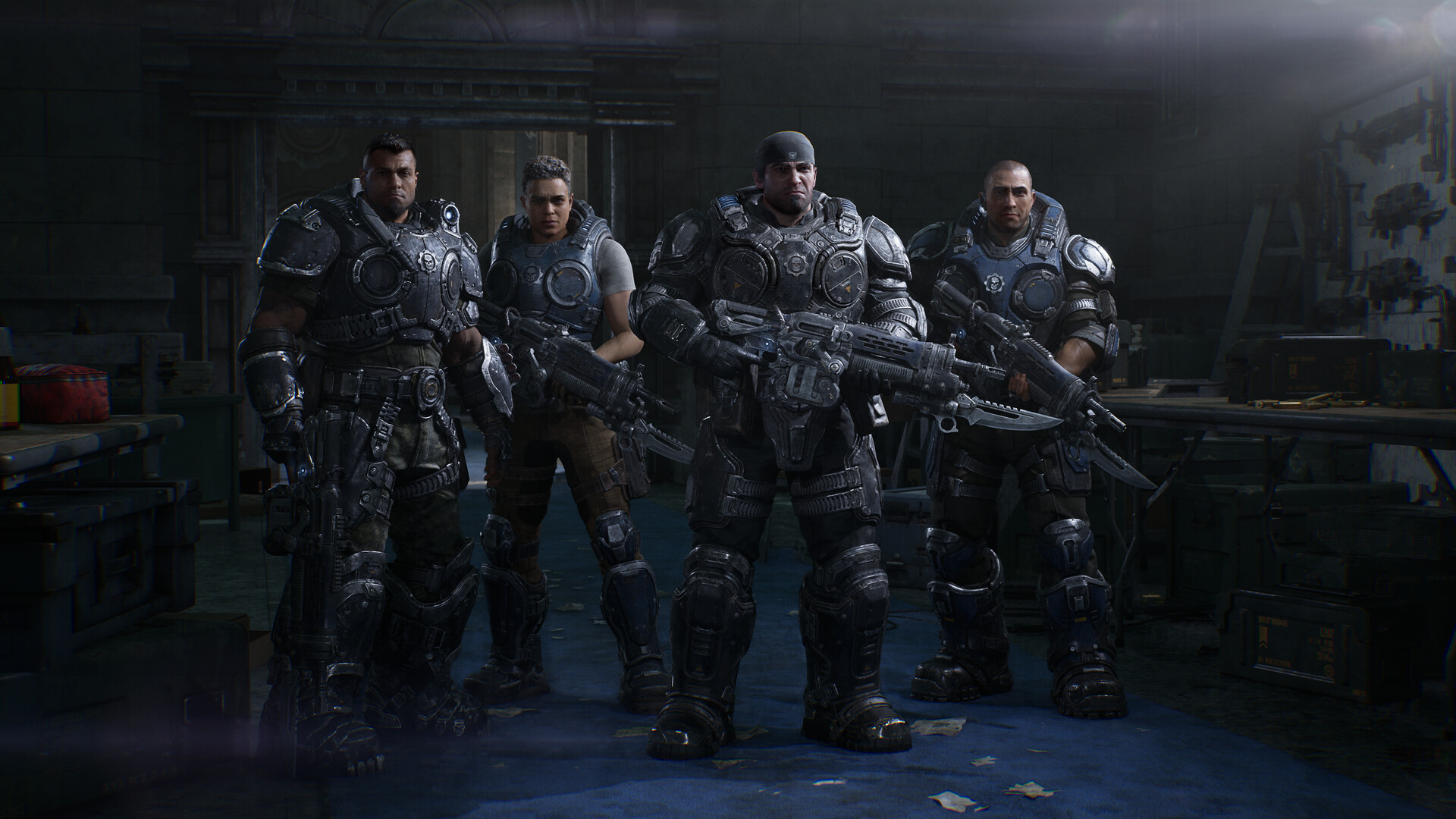 Four armored squad members standing together