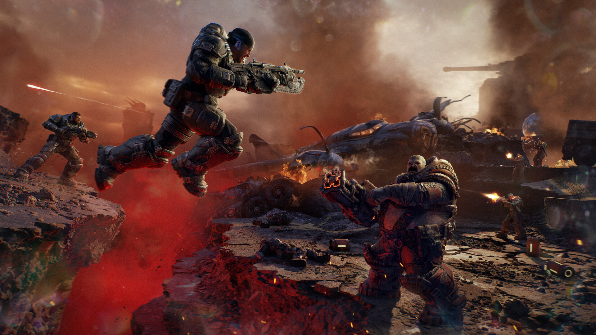 Soldiers fighting across a devastated battlefield